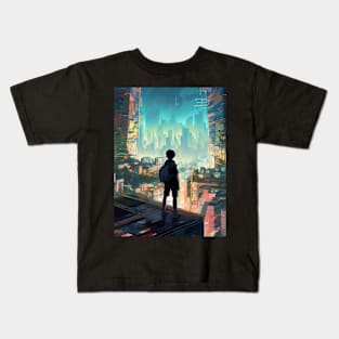 lost boy in a cyber neon cityscape Kids T-Shirt